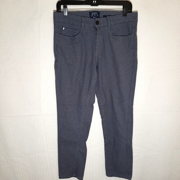 Ben Sherman Slim Fit Pants 30x30 Blue Houndstooth Stretch Mod Cotton Trousers - Picture 1 of 8